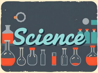 Retro card in flat style with text Science. Vintage laboratory glassware poster. Nostalgic trendy text effect	