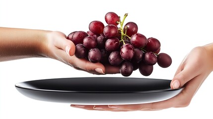 Poster - Branch of RIpe Grapes on Black Plate isolated on white background : Generative AI