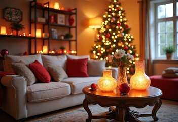 Aufkleber - Vibrant living room decorated for Christmas, adorned with colorful ornaments, frosted glass vases, bathed in warm golden lighting