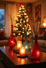 Aufkleber - Vibrant living room decorated for Christmas, adorned with colorful ornaments, frosted glass vases, bathed in warm golden lighting