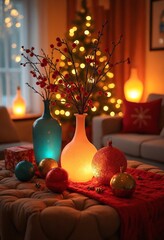 Aufkleber - Vibrant living room decorated for Christmas, adorned with colorful ornaments, frosted glass vases, bathed in warm golden lighting
