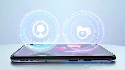  modern smartphone with holographic icons floating above it, representing digital communication, social media and technology.