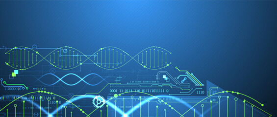 Aufkleber - Scientific and technological background. Image of dna molecule with technological elements. Hand drawn vector.