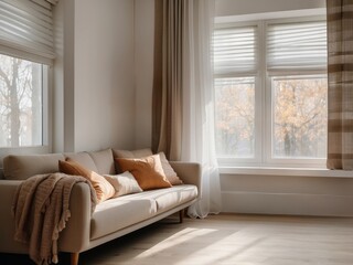 Beige Sofa with Pillows and a Throw Blanket in a Living Room with Large Windows