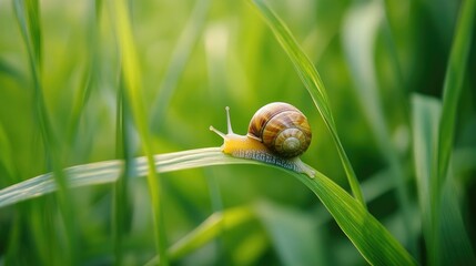 A close-up of a blade of grass with a small snail on it.