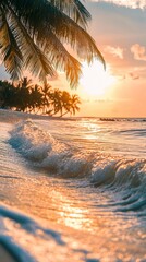 Tranquil closeup calm sea water waves with palm trees. Beautiful sunrise sunset sunlight. Tropical island beach landscape exotic shore coast. Summer vacation, holiday amazing nature. generative ai