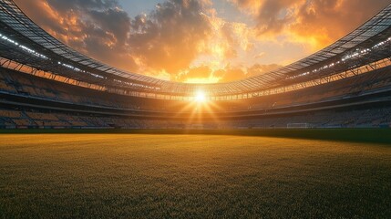 A stadium bathed in the golden light of a sunrise.