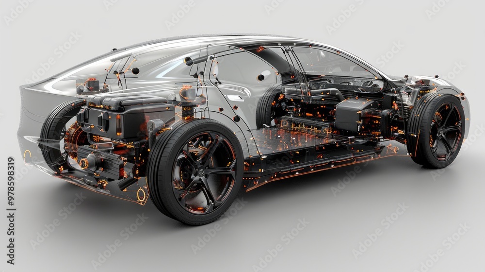Translucent Automotive Front Module 3D transparent car structure with visible internal parts and battery ...