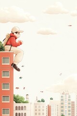 A whimsical illustration of a person in a red hoodie perched on a building, gazing over a colorful city landscape.