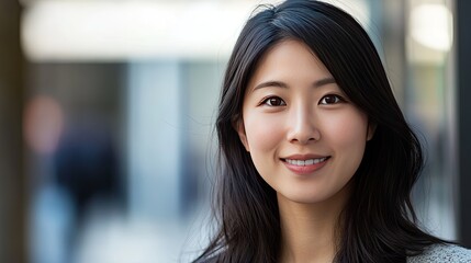 Wall Mural - An Asian woman smiling and looking at the camera.