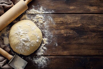 Wall Mural - A Ball of Fresh Dough on a Wooden Surface 