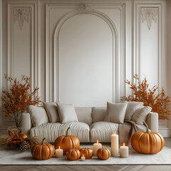 Aesthetic room interior design with Halloween elements. Wall with decoration in the apartment. Holiday pumpkins in the room.