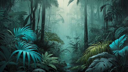 Wall Mural - Cyan and gray rainforests with soft gradient background