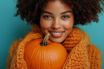 A joyful young woman in an orange knit sweater holds a large pumpkin, set against a turquoise background. Ideal for Thanksgiving and Halloween themes with copy space.