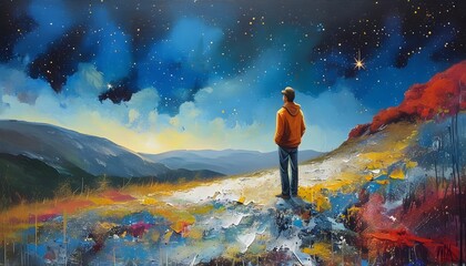 Wall Mural - Contemplative figure on a hill, gazing at an abstract starry sky in a beautiful acrylic canvas artwork