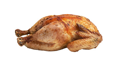 A whole roasted chicken, perfectly golden brown and glistening with juices.