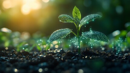 A young plant growing in sunlight, with holographic data charts representing development and profit growth.