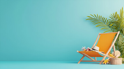 Orange beach chair with summer accessories on turquoise blue background 3D Rendering 3D Illustration