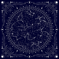 celestial tarot frame with star constellations map against a dark night sky with stars, framed with 