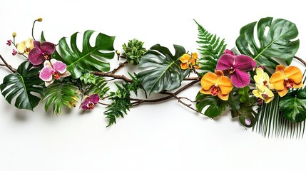 Tropical vibes plant bush floral arrangement with tropical leaves Monstera and fern and Vanda orchids tropical flower decor on tree branch liana vine plant isolated on white background.generative ai