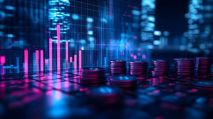 Blue business graph over 3D coins, showing financial growth, profit trends, and investment market data.