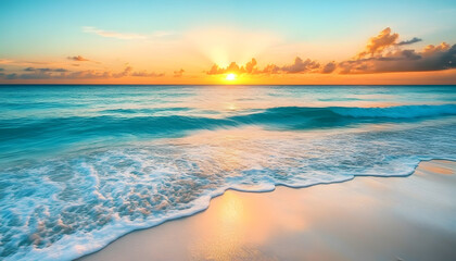 Wall Mural - Crystal-clear turquoise waters with gentle waves lapping at a pristine beach under a golden sunset