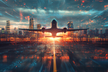 Poster - A futuristic airplane takes off against a vibrant city skyline with digital effects.
