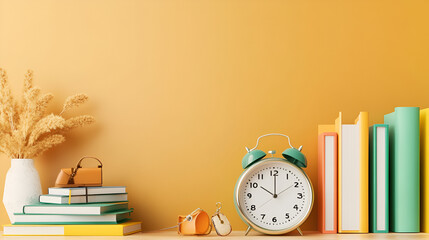 Ready for school concept background with books alarm clock and accessory 3D Rendering 3D Illustration