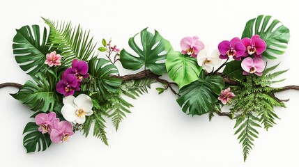 Wall Mural - Tropical vibes plant bush floral arrangement with tropical leaves Monstera and fern and Vanda orchids tropical flower decor on tree branch liana vine plant isolated on white background.generative ai