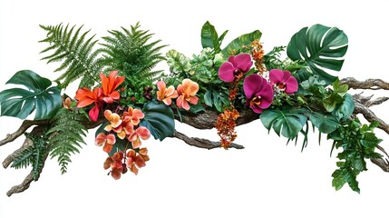 Wall Mural - Tropical vibes plant bush floral arrangement with tropical leaves Monstera and fern and Vanda orchids tropical flower decor on tree branch liana vine plant isolated on white background.generative ai