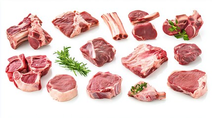 Wall Mural - Set of various types of raw lamb meat, on white background	