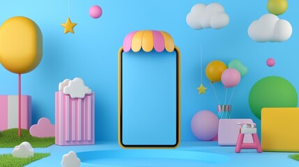 Colorful, whimsical scene with a phone frame and balloons in a fantasy world. Concept of technology, communication, and imagination.