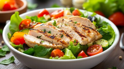 Delicious grilled chicken breast slices, fresh veggies, and seasonings are served in a white bowl on a wooden table as a Caesar-style salad.
