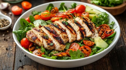 Wall Mural - Delicious grilled chicken breast slices, fresh veggies, and seasonings are served in a white bowl on a wooden table as a Caesar-style salad.
