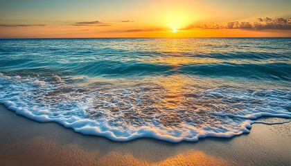 Wall Mural - Crystal-clear turquoise waters with gentle waves lapping at a pristine beach under a golden sunset