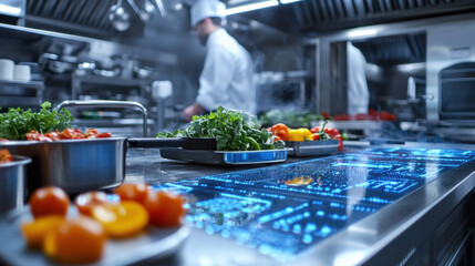 A modern kitchen with digital sensors monitoring food safety and fresh ingredients