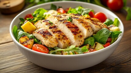 Delicious grilled chicken breast slices, fresh veggies, and seasonings are served in a white bowl on a wooden table as a Caesar-style salad.
