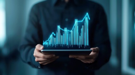 Poster - Businessman presenting a rising virtual hologram of statistics with graphs and charts on a dark background, symbolizing stock market growth and strategic planning