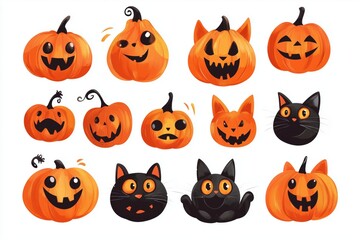 Vector design of orange pumpkins for Halloween. Cartoon Halloween pumpkins with a happy, cute, mischievous and smiling expression, on a white isolated background.