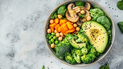 Wall Mural - avocado, spinach, broccoli, mushrooms, chickpeas, and pumpkin in a nutritious vegan lunch bowl with a light backdrop. salad of veggies. top view.
