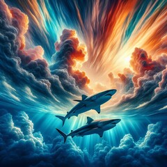 Wall Mural - this image shows two sharks swimming in the ocean beneath a dramatic, cloud-filled sky. the vivid de