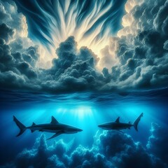 Wall Mural - this image shows two sharks swimming in the ocean beneath a dramatic, cloud-filled sky. the vivid de
