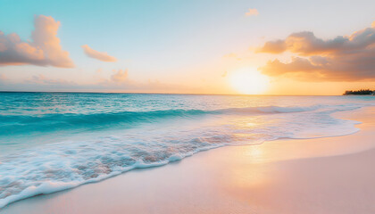 Wall Mural - Crystal-clear turquoise waters with gentle waves lapping at a pristine beach under a golden sunset