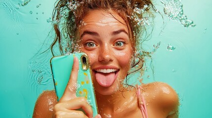 Poster - Elegant woman gesturing towards a blank mobile phone screen, showcasing a modern setting, inviting interaction, emphasizing digital connectivity and user engagement.