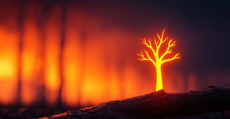 A glowing tree illuminated against a fiery backdrop, symbolizing resilience and life amidst destruction.