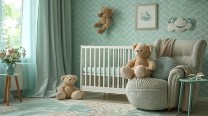 A  modern baby nursery with a white crib, plush toys, and a comfortable armchair.