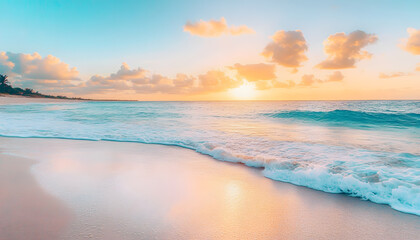 Wall Mural - Crystal-clear turquoise waters with gentle waves lapping at a pristine beach under a golden sunset