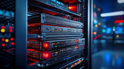 Poster - Rackmount LED Console in Server Room, sleek design, illuminated interface, organized cables, modern technology setup, efficient workspace, vibrant atmosphere, focused environment