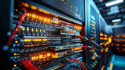 Poster - Rackmount LED Console in Server Room, modern design, illuminated display, sleek technology, organized cables, efficient workspace, optimal for data management and monitoring