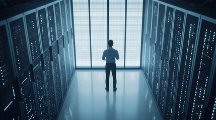 analyst engineer standing on the second floor of a data center, with a view overlooking the extensive array of servers and networking equipment. The engineer should be engaged with